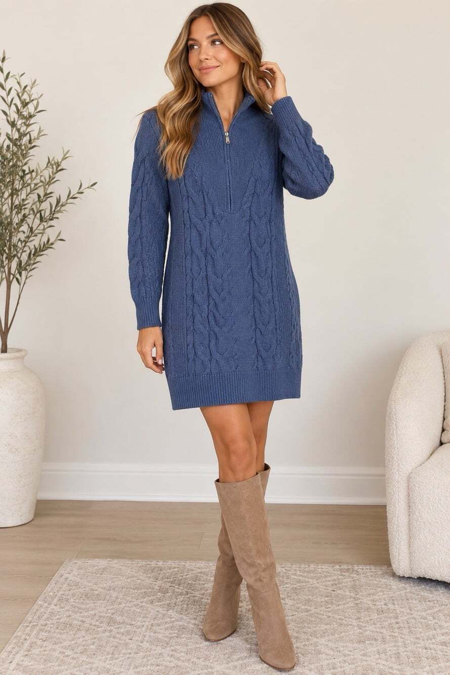LOFT Blue Cable Knit Quarter Zip Sweater Dress Size Medium NWT